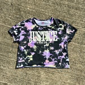 Y2K Justice Girls Tie Dye Graphic T Shirt Purple Black Est 04 Logo Tee XL